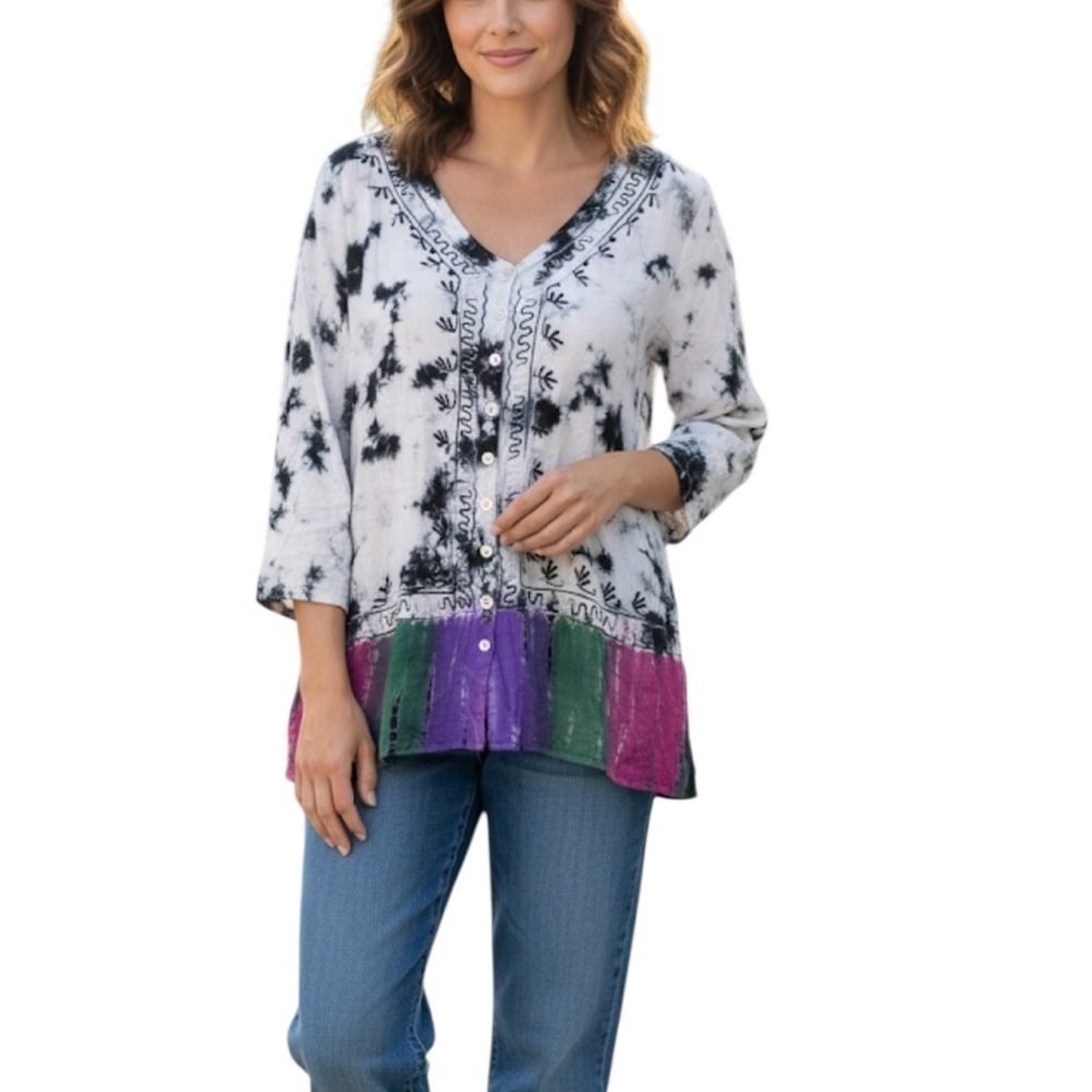 ✨3/$21✨ Parsley & Sage Tie Dye Embroidered Tunic Top XL Boho Rayon